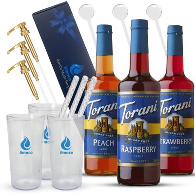 Jimoco Barista Set Torani Sugar Free Peach, Raspberry & Strawberry Syrups (25.4 oz Each) with 3 Jimoco Syrup Pumps, Reusable Cups, Straws & Stirrers Coffee, Italian Soda & Cocktail Flavoring Kit