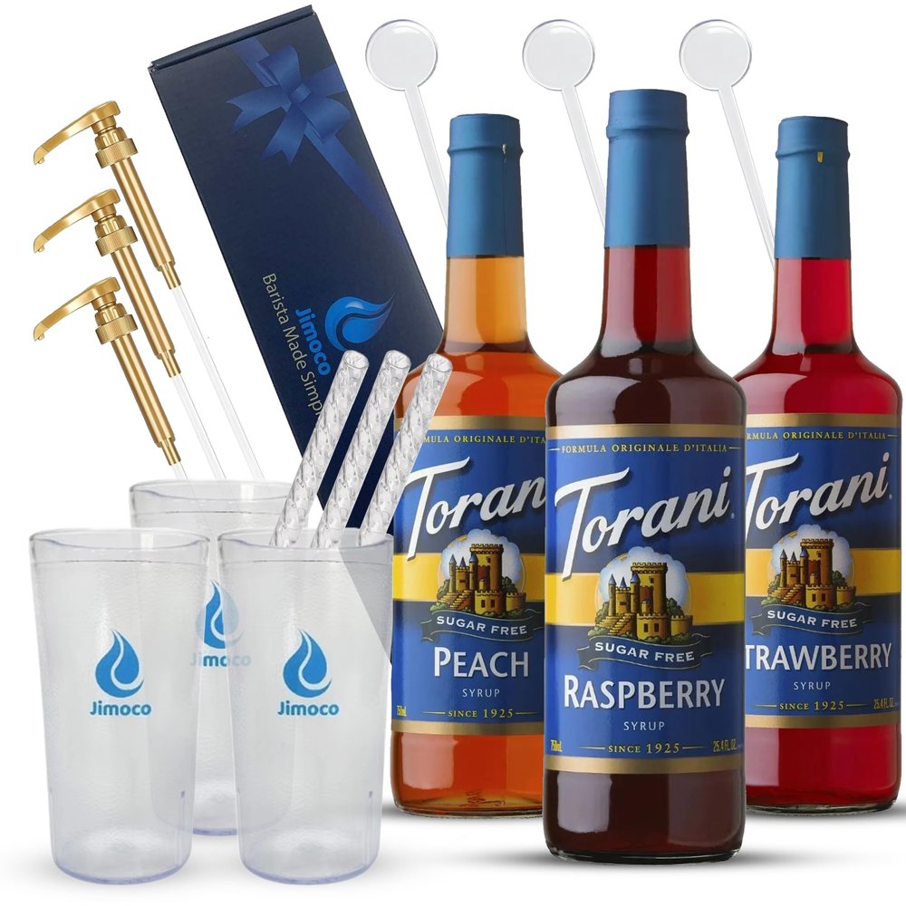 Jimoco Barista Set Torani Sugar Free Peach, Raspberry & Strawberry Syrups (25.4 oz Each) with 3 Jimoco Syrup Pumps, Reusable Cups, Straws & Stirrers Coffee, Italian Soda & Cocktail Flavoring Kit