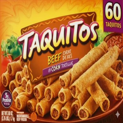 Beef Taquitos , Are each filled with savory shredded and zesty green chiles, all wrapped up in a freshly baked corn tortilla to deliver the perfect crunch every time. Authentically seasoned shredded beef and zesty green chile Frozen , 60 ct. 60 oz. (