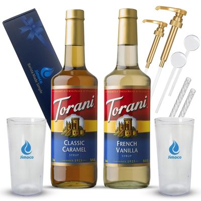 Jimoco Barista Set Torani Caramel Classic & French Vanilla Syrups (25.4 oz Each) with 2 Jimoco Syrup Pumps, Reusable Cups, Straws & Stirrers Coffee, Italian Soda & Cocktail Flavoring Kit