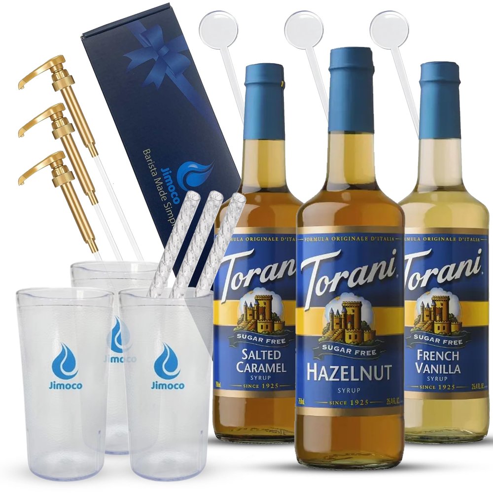 Jimoco Barista Set Torani Sugar Free French Vanilla, Salted Caramel & Hazelnut Syrups (25.4 oz Each) with 3 Jimoco Syrup Pumps, Reusable Cups, Straws & Stirrers Coffee, Italian Soda & Cocktail Flavoring Kit