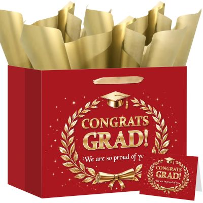 Red Gold Graduation Gift Bag with Tissue Wrapping Paper Greeting Card Congrats Grad We Are So Proud of You for Her Him Graduates High School College Class of 2026 Graduation Party Supplies Decor