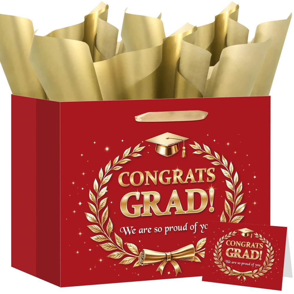 Red Gold Graduation Gift Bag with Tissue Wrapping Paper Greeting Card Congrats Grad We Are So Proud of You for Her Him Graduates High School College Class of 2026 Graduation Party Supplies Decor