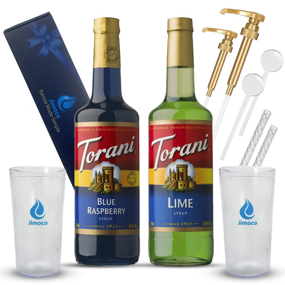 Jimoco Barista Set Torani Lime & Blue Raspberry Syrups (25.4 oz Each) with 2 Jimoco Syrup Pumps, Reusable Cups, Straws & Stirrers Coffee, Italian Soda & Cocktail Flavoring Kit