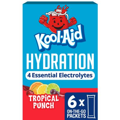 Kool-Aid Hydration Electrolyte Powder Drink Mix, 6 On-the-Go-Packets, for Easy and Flavorful Hydration, Tropical Punch Artificial Flavor, Zero Sugar, No Artificial Dyes, Low Calorie, 1.32 oz Box