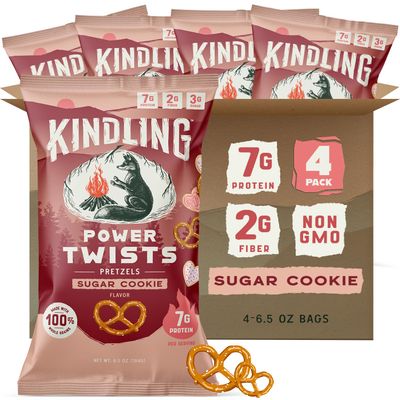 Kindling Power Twists Protein Pretzels - Sugar Cookie | Protein-Packed Snack Bags | Kosher | 7g Protein Per Serving | No Artificial Flavors, Soy-Free | Lunches, Office Snacks, & On-the-Go | 4 Count (6.5oz Bags)