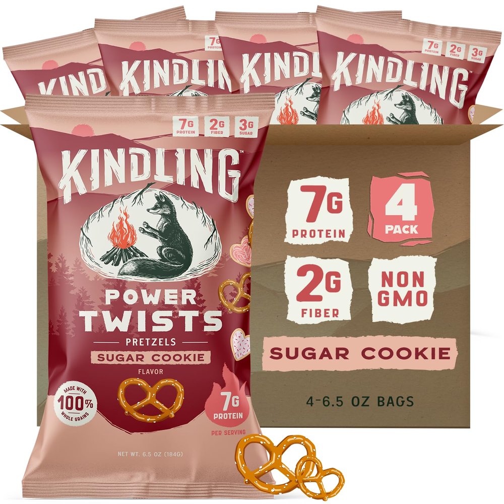 Kindling Power Twists Protein Pretzels - Sugar Cookie | Protein-Packed Snack Bags | Kosher | 7g Protein Per Serving | No Artificial Flavors, Soy-Free | Lunches, Office Snacks, & On-the-Go | 4 Count (6.5oz Bags)