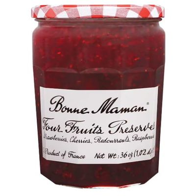 Bonne Maman Four Fruit Preserves 36 oz Premium French Jam with Cherries, Strawberries, Raspberries & Red Currants, Large Family Size Jar