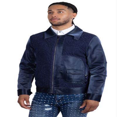 Barabas Men's Solid Color Embroidered Shiny Bomber Jacket 5C01 Navy 2X-Large