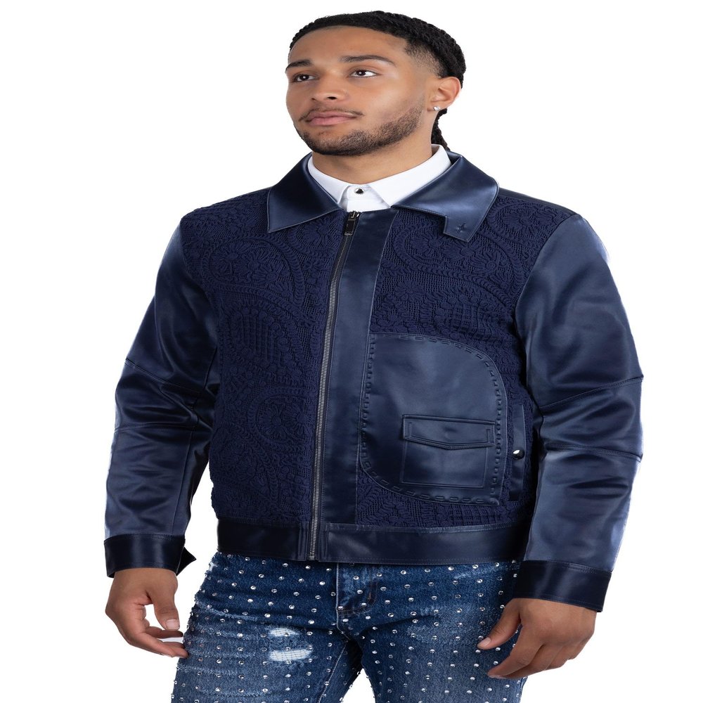 Barabas Men's Solid Color Embroidered Shiny Bomber Jacket 5C01 Navy 2X-Large