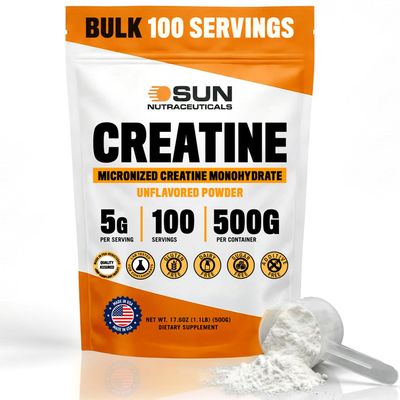 Micronized Creatine Monohydrate Powder 500g (1.1lbs,100 Servings) Bulk Creatine Powder Supplements, 5g per serv, Unflavored, Third Party Tested, Supports Muscle Strength for Men & Women