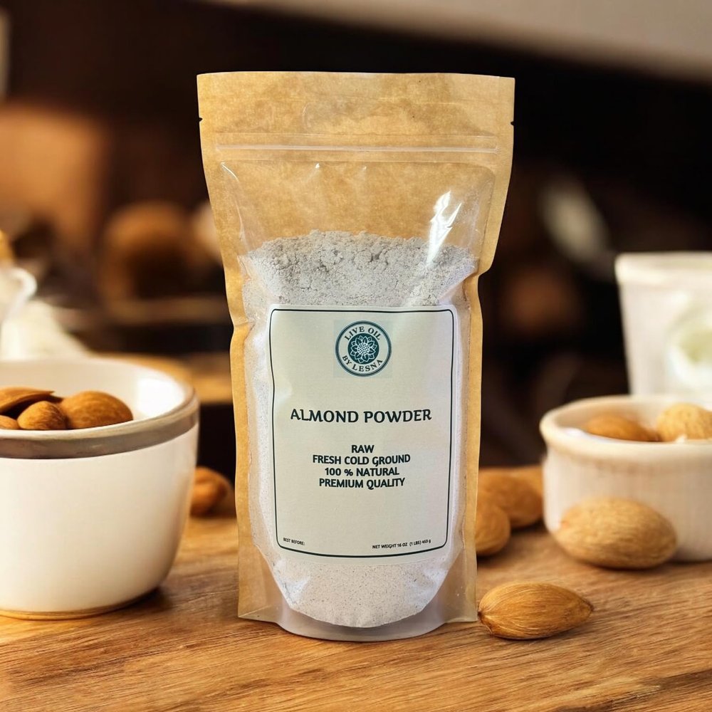 Raw Cold-Ground Almond Powder. Freshly milled