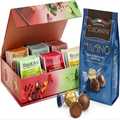 Wissotzky Tea Gift Set | Tuscanini Gourmet Chocolate Truffles + Wissotzky Tea Chest | Elegant Holiday Gift for Friends & Family | Certified Kosher