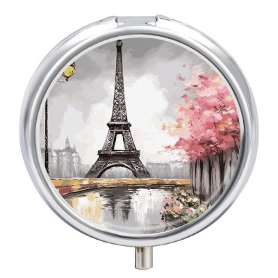Small Oil Painting Eiffel Tower Pill Box 3 Compartments Pill Case Portable Travel Medicine Organizer Round Mini Medicine Container Holder Fits in Pocket for Vitamin Fish Oil