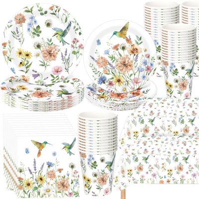 Layhit 202 Pcs Floral Hummingbird Party Decoration Serve 50 Wildflower Hummingbird Butterfly Paper Plates Napkins Cups Tablecloth for Garden Picnic Baby Shower Birthday Wedding Spring Party
