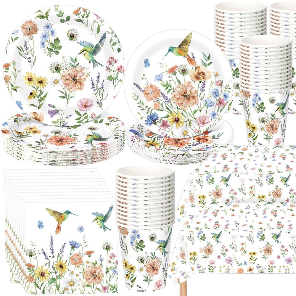 Layhit 202 Pcs Floral Hummingbird Party Decoration Serve 50 Wildflower Hummingbird Butterfly Paper Plates Napkins Cups Tablecloth for Garden Picnic Baby Shower Birthday Wedding Spring Party