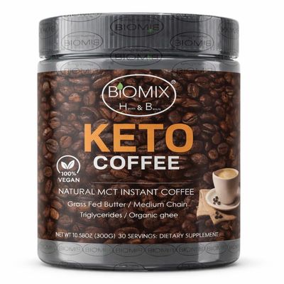 BIOMIX HEALTH & BEAUTY Keto Coffee, Natural MCT Instant Coffee with Grass Fed Butter, Medium Chain Triglycerides, Organic Ghee,10.58oz, 30 Servings with 10 Functional Mushrooms Chaga, Reishi, Shiitake, Lion's Mane, Vegan, Gluten-Free, No Added Sugar,