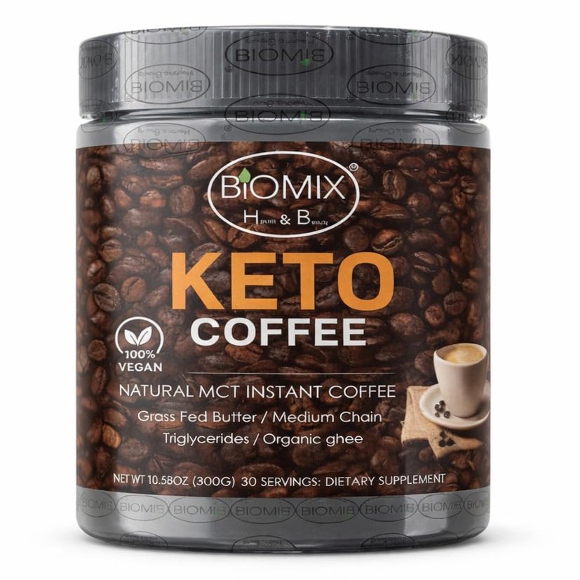 BIOMIX HEALTH & BEAUTY Keto Coffee, Natural MCT Instant Coffee with Grass Fed Butter, Medium Chain Triglycerides, Organic Ghee,10.58oz, 30 Servings with 10 Functional Mushrooms Chaga, Reishi, Shiitake, Lion's Mane, Vegan, Gluten-Free, No Added Sugar,