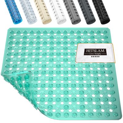 HITSLAM Shower Mat Anti Slip, Square Bath Mat for Tub Non Slip with Suction Cups and Drain Holes, 21x21 Inch Bathroom Shower Stall Floor Mat, Machine Washable, Soft on Feet, Green