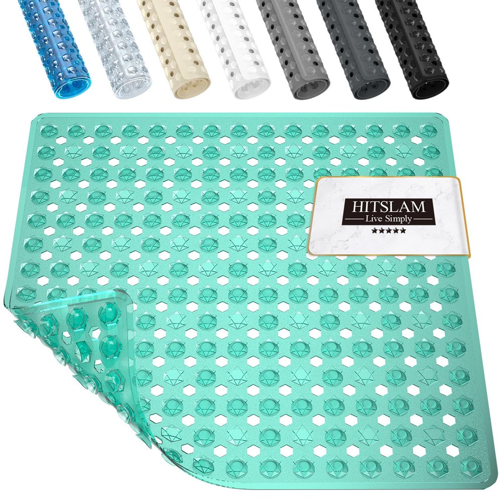 HITSLAM Shower Mat Anti Slip, Square Bath Mat for Tub Non Slip with Suction Cups and Drain Holes, 21x21 Inch Bathroom Shower Stall Floor Mat, Machine Washable, Soft on Feet, Green