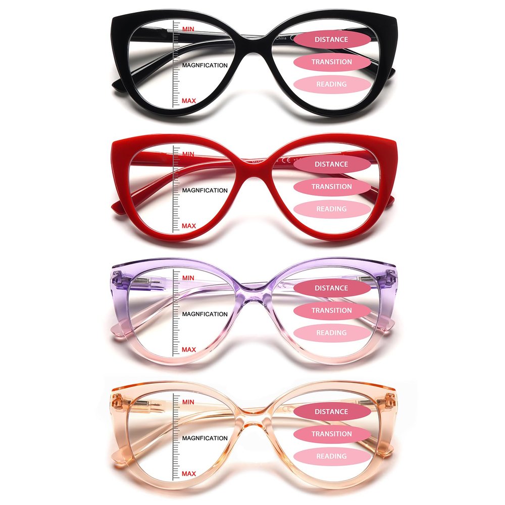 CLASAGA Progressive Multifocus Reading Glasses for Women Blue Light Blocking Spring Hinge Computer Multifocal Cat Eye Readers(4 Mix Color, 1.0, x)
