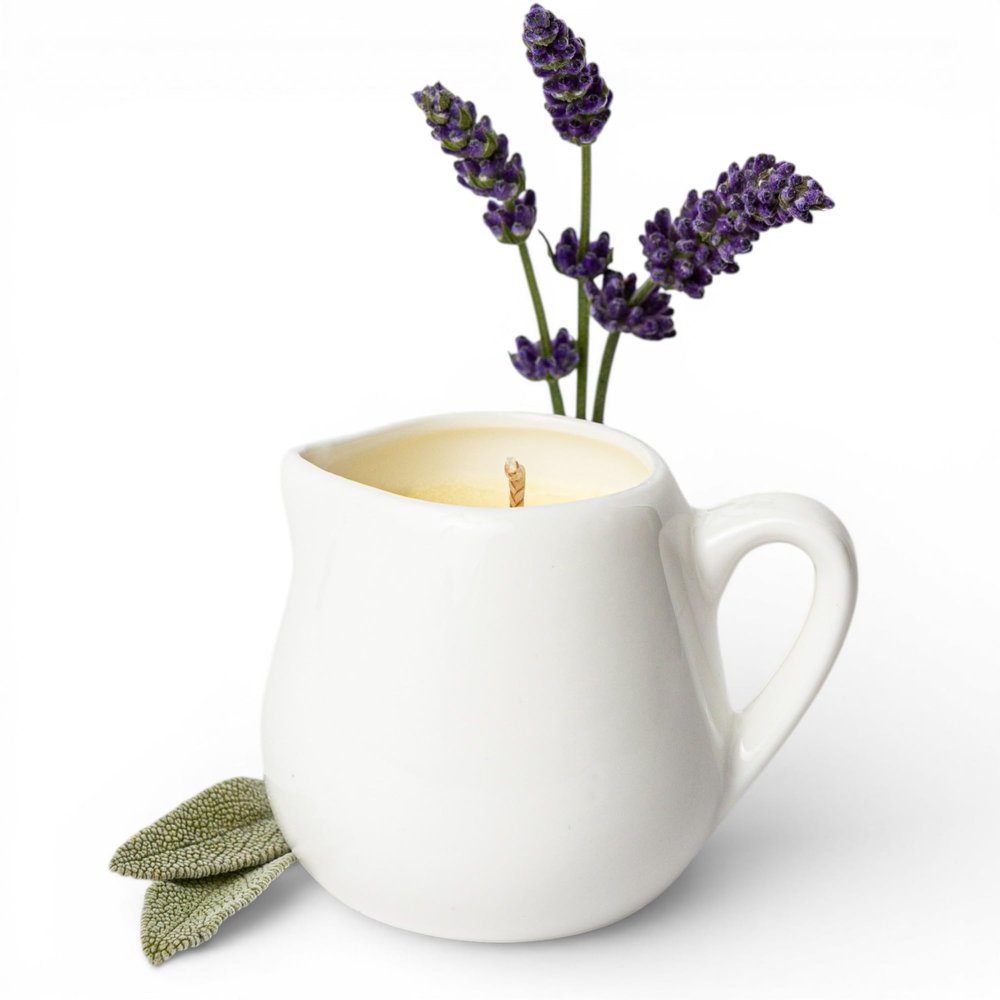 Massage Candle Violets & Muguet Warm Body Oil Candle with Natural Butters Sensory Self-Care & Skin Moisturizing 2.6 Oz White Carafe with Handle Second Life Sixty Eight