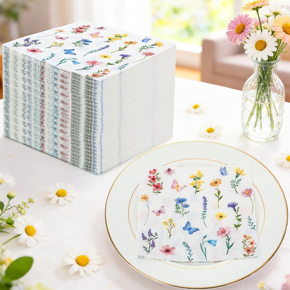 100pcs Spring Floral Paper Napkins Disposable - 6.5x 6.5 Soft Hand Towels for Guest Bathroom, Elegant Decorative Napkins for Birthday Wedding Spring Party Baby Shower (Small Floral)