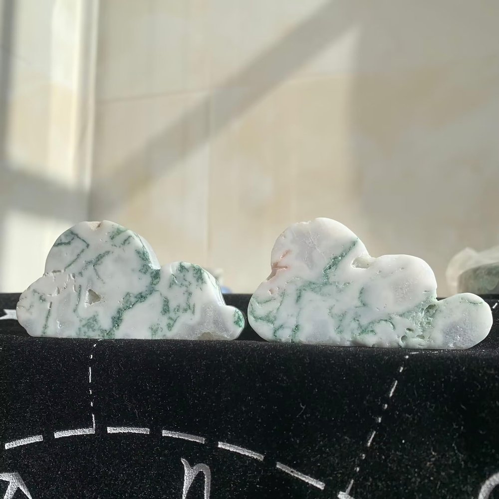113g 2pcs Druzy Moss Agate Cloud Shaped Slab Natural Crystal Wisp for Healing, Calm & Boho Home Decor