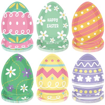 QZYL 50 Pcs Easter Egg Shaped Paper Plates, 5.43 X 7.48 Inch Spring Dessert Plates Easter Decorations, 6 Designs Egg Shape Tableware, Disposable Bunny Party Table Decor Supplies for Spring Dinnerware
