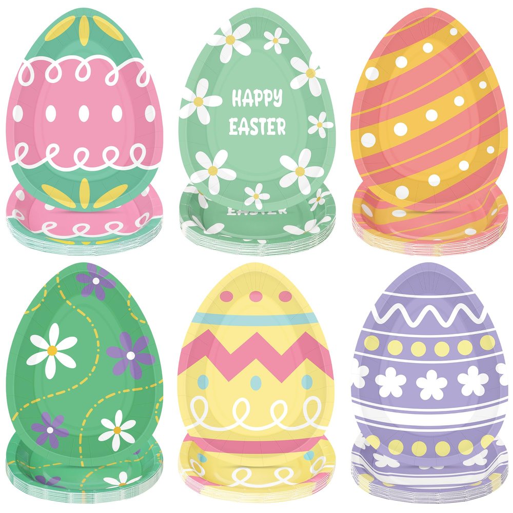 QZYL 50 Pcs Easter Egg Shaped Paper Plates, 5.43 X 7.48 Inch Spring Dessert Plates Easter Decorations, 6 Designs Egg Shape Tableware, Disposable Bunny Party Table Decor Supplies for Spring Dinnerware