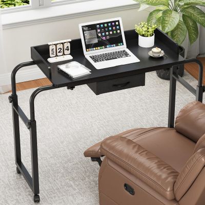 GiftGo Over Bed Table with Wheels, Recliner Table Bed Desk, Adjustable Height and Length Laptop Table with Storage Drawer Metal Leg for Bedroom Home Office Hospital (Black, 39.3" to 55.1")