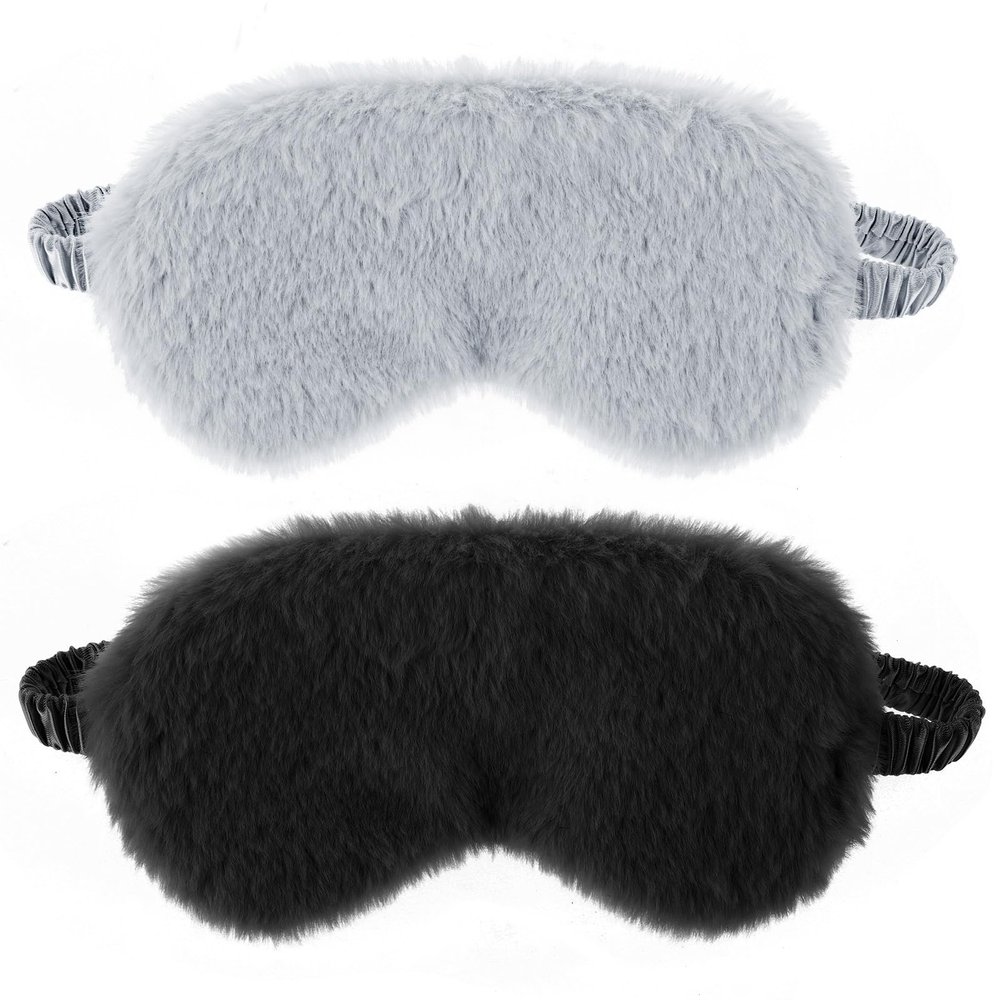 2 Pcs Plush Sleep Eye Mask Cute Soft Sleeping Blindfold Adjustable Furry Nap Eye Cover Night Comfortable Faux Fur Eyeshade for Plane Game Winter Men Women Gift