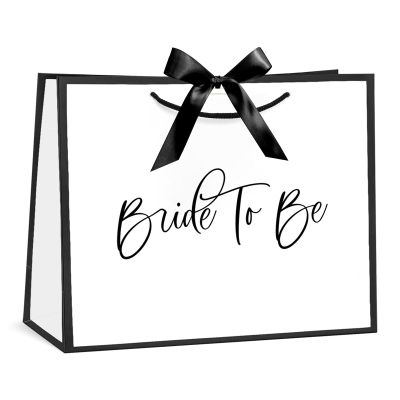 Loveinside 13" Large Bridal Shower Gift Bag, White & Black Bride To Be Elegant Script Design Gift Bag with Bow Ribbon for Girls, Bachelorette Party, Engagement, Wedding, 13" x 5" x 10", 1 Pcs