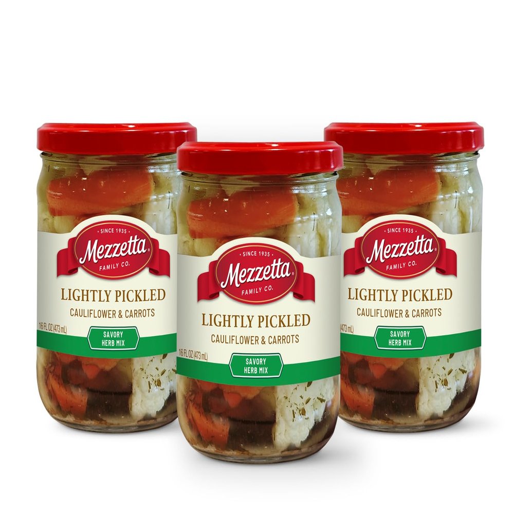 Mezzetta Pickled Vegetables Cauliflower and Carrots Brined with Savory Herbs Vegan Crunchy Snacks No Artificial Colors or Flavors Non-GMO Certified On-the-Go Bites 16 Oz Jar Pack of 3