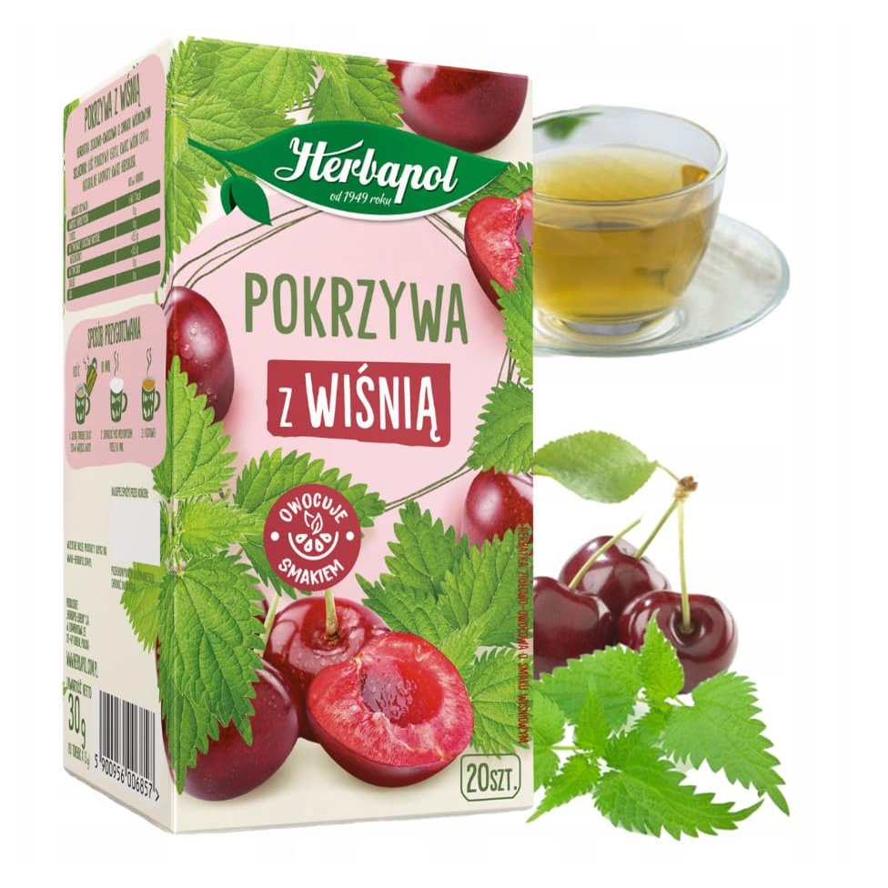 Herbapol Nettle & Cherry Herbal Tea Bags 20 Count Fruit and Herbal Infusion with Nettle Leaves and Juicy Cherry Flavor, Caffeine Free Polish Tea for Daily Drinking, Hot or Iced Wellness Beverage