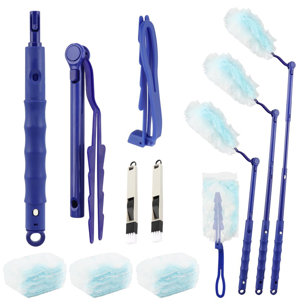 30 Count Heavy Duty Duster Refills with 2 Pcs Handles and Crevice Brushes Starter Kit, Microfibers Multisurface Dusters for Cleaning Home, Celling Fan, Blinds, Vent & Shelves(Blue)