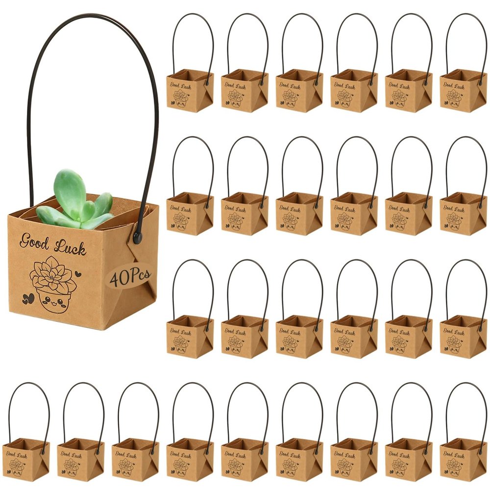 40 Pcs Mini Succulent Favor Boxes, Good Luck Paper Gift Bags With Handles, Square Plant Pots For Parties
