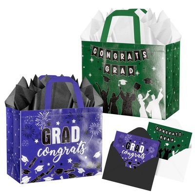 XiaosRen 2Pcs Large Graduation Gift Bags with Card and Tissue Paper, Reusable Non-Woven Bag with Handles for College, Graduation Season Theme Party Decor Supplies (Purple, Green)