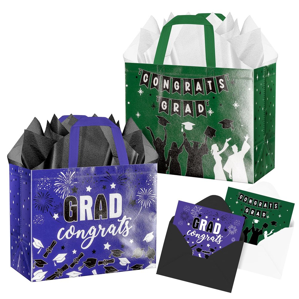 XiaosRen 2Pcs Large Graduation Gift Bags with Card and Tissue Paper, Reusable Non-Woven Bag with Handles for College, Graduation Season Theme Party Decor Supplies (Purple, Green)