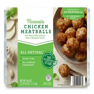 Chicken Meatballs , Chicken meatballs made with mozzarella cheese, basil and roasted garlic , these flavorful meatballs are made from chickens raised with no antibioticsever. The fully cooked recipe features basil and garlic, along with mozzarella.[
