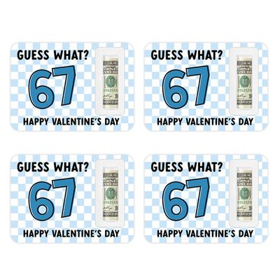Andaz Press 4 Pack 67 Valentines Money Holders for Cash, Money Holder for Cash Gift With Plastic Dome, Blue Guess What Six Seven Funny Happy Valentines Gift, Boys, 5x7 inch