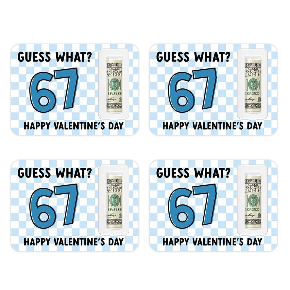 Andaz Press 4 Pack 67 Valentines Money Holders for Cash, Money Holder for Cash Gift With Plastic Dome, Blue Guess What Six Seven Funny Happy Valentines Gift, Boys, 5x7 inch