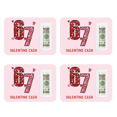 Andaz Press 4 Pack 67 Valentines Money Holders for Cash, Money Holder for Cash Gift With Plastic Dome, Red Heart Glitter Six Seven Funny Happy Valentines Gift, Girls, 5x7 inch