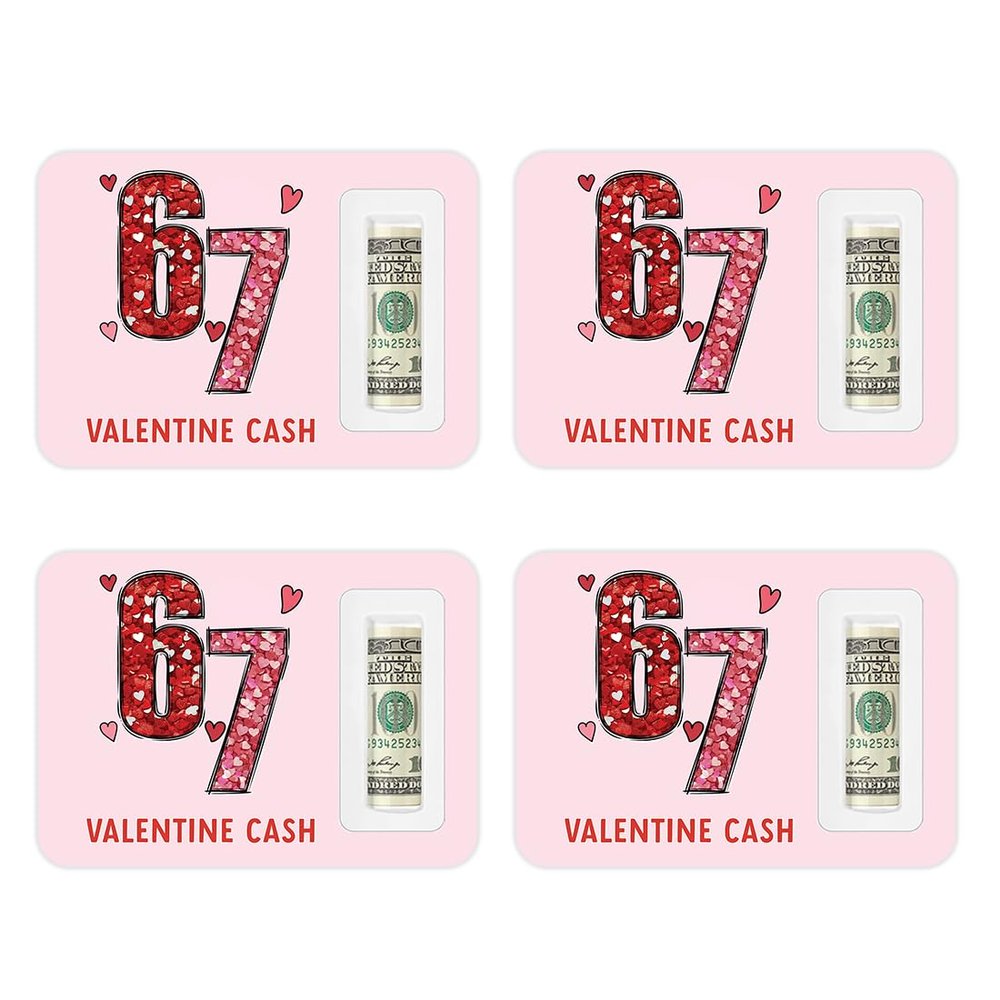 Andaz Press 4 Pack 67 Valentines Money Holders for Cash, Money Holder for Cash Gift With Plastic Dome, Red Heart Glitter Six Seven Funny Happy Valentines Gift, Girls, 5x7 inch