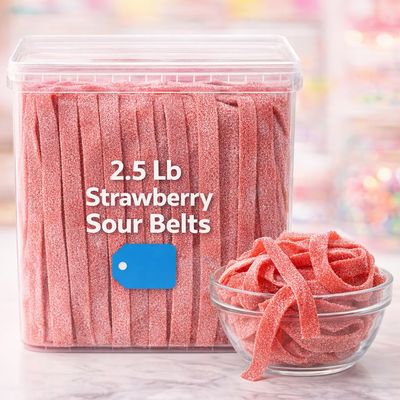 Strawberry Sour Belts Candy 2.5 lb Bulk Tub, Sweet & Tart Chewy Ribbon Candy