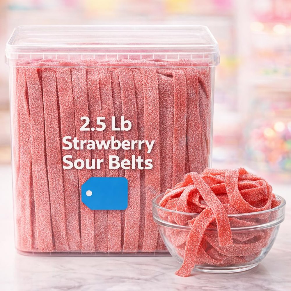 Strawberry Sour Belts Candy 2.5 lb Bulk Tub, Sweet & Tart Chewy Ribbon Candy