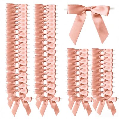 100 Pcs 2.6" Pre-Tied Pink Bows Pink Satin Ribbon Bows Pink Twist Tie Bows All-in-One Party Decor Kit Premade Bows for Gift Wrapping, Treat Bags & Tying The Knot Celebrations,Rose Gold