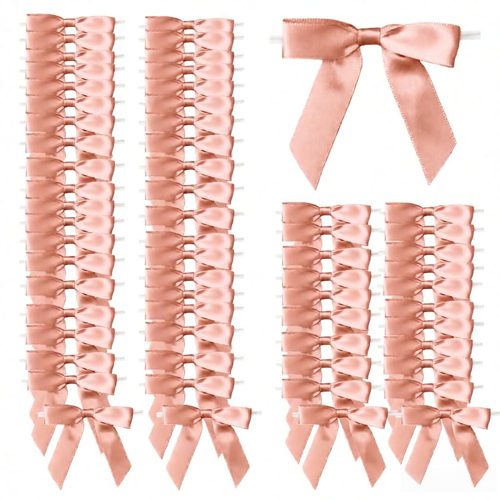 100 Pcs 2.6" Pre-Tied Pink Bows Pink Satin Ribbon Bows Pink Twist Tie Bows All-in-One Party Decor Kit Premade Bows for Gift Wrapping, Treat Bags & Tying The Knot Celebrations,Rose Gold