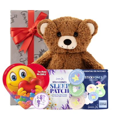 Gemma Joy Gift Set Baby Plush Bear, Valentine Heart Chocolate, StickyOnes Kids Sleep Patches 30 Count and Adult Sleep Patches 30 Count Melatonin-Free Sleep Stickers for Kids and Adults