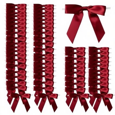 100 Pcs 2.6" Pre-Tied Satin Ribbon Bows Twist Tie Bows All-in-One Party Decor Kit Premade for Gift Wrapping, Treat Bags & Tying The Knot Celebrations,Wine Red